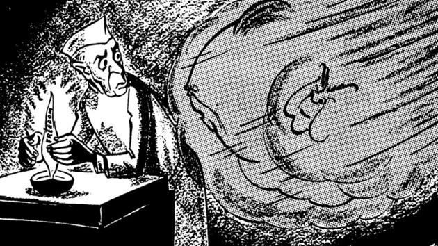 A cartoon by Kutty that appeared in Hindustan Times on October 28, 1962. One essential characteristic of the laugh that laughs non-derisively is that while it can laugh at what it sees, that is, at the world, it can also laugh at its own self, the laugher(HT Archives) A cartoon by Kutty that appeared in Hindustan Times on October 28, 1962. One essential characteristic of the laugh that laughs non-derisively is that while it can laugh at what it sees, that is, at the world, it can also laugh at its own self, the laugher(HT Archives)