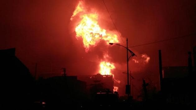 At least three people were killed and 15 injured when a series of blasts and a fire ripped through a chemical plant of a pharmaceutical company in Maharashtra’s Boisar near Mumbai late on Thursday. According to preliminary reports, the blasts occurred in 25 drums containing 200 litres each of solvent at Novephene Specialities’ plant at around 11:15 pm. (HT Photo) At least three people were killed and 15 injured when a series of blasts and a fire ripped through a chemical plant of a pharmaceutical company in Maharashtra’s Boisar near Mumbai late on Thursday. According to preliminary reports, the blasts occurred in 25 drums containing 200 litres each of solvent at Novephene Specialities’ plant at around 11:15 pm. (HT Photo)