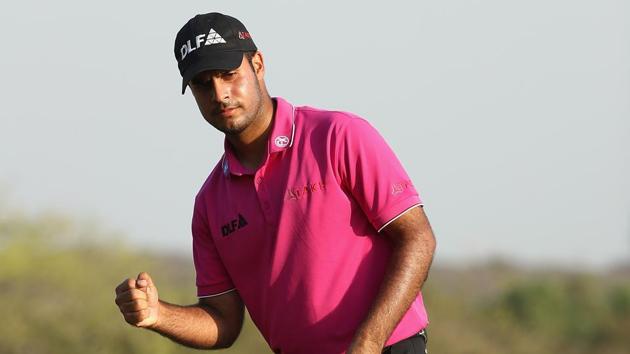 Shubhankar Sharma celebrates a birdie putt during day two of the Hero Indian Open at DLF Golf and Country Club on Friday.(Getty Images)