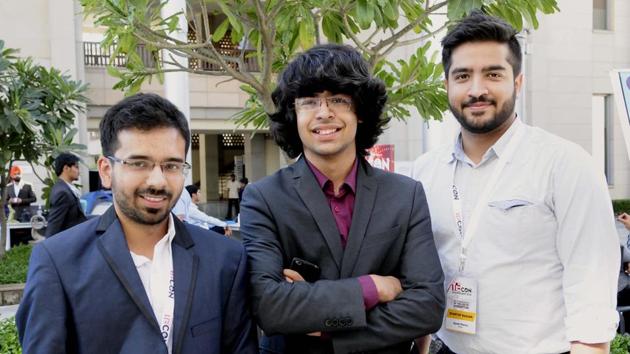 (From left) Vishad Tomar, Lakshit and Ayush Pahwa at TieCon Chandigarh at the Indian School of Business in Mohali on Thursday. (Keshav Singh/HT) (From left) Vishad Tomar, Lakshit and Ayush Pahwa at TieCon Chandigarh at the Indian School of Business in Mohali on Thursday. (Keshav Singh/HT)