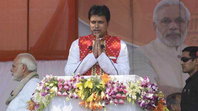 Biplab Deb was sworn in as chief minister of Tripura on Friday in the presence of Prime Minister Narendra Modi. The swearing-in marks the BJP taking over the reins of the state for the first time. The BJP alliance in the northeastern state won 43 out of the 60 assembly seats, ending nearly 25 years of Left rule in Tripura. (Arindam Dey / AFP) Biplab Deb was sworn in as chief minister of Tripura on Friday in the presence of Prime Minister Narendra Modi. The swearing-in marks the BJP taking over the reins of the state for the first time. The BJP alliance in the northeastern state won 43 out of the 60 assembly seats, ending nearly 25 years of Left rule in Tripura. (Arindam Dey / AFP)