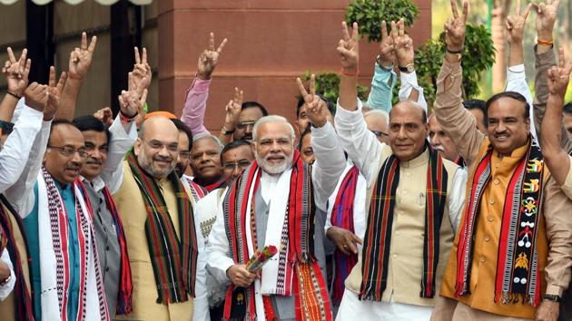 Prime Minister Narendra Modi with BJP leaders Amit Shah, Rajnath Singh, Vijay Goel, Ananth Kumar and other cabinet ministers pose for a photograph after their victory in the Assembly elections in the North-East, on the first day of the second phase of the budget session in New Delhi on March 05, 2018. (Sonu Mehta / HT Photo) Prime Minister Narendra Modi with BJP leaders Amit Shah, Rajnath Singh, Vijay Goel, Ananth Kumar and other cabinet ministers pose for a photograph after their victory in the Assembly elections in the North-East, on the first day of the second phase of the budget session in New Delhi on March 05, 2018. (Sonu Mehta / HT Photo)