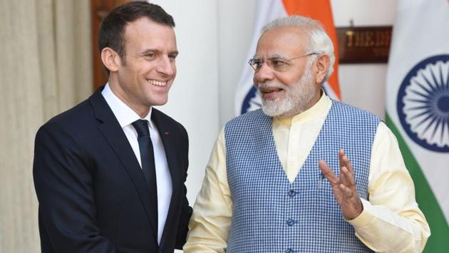 The French President later met PM Modi at Hyderabad House where the two held bilateral talks. French and Indian companies signed contracts worth €13 billion ($16 billion) on the first day of Macron’s visit to India on Saturday, the French presidency said in a statement. (Mohd Zakir / HT Photo) 
