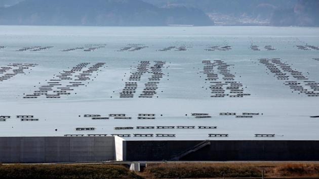 An oyster farm is seen behind a seawall at Hirota Bay in Rikuzentakata. Fisherman Fujita said that while the tsunami had improved oyster farming in the area by stirring up sea floors and removing accumulated sludge, the sea walls could block natural water flows from the land and impact future production. (Kim Kyung-Hoon / REUTERS) An oyster farm is seen behind a seawall at Hirota Bay in Rikuzentakata. Fisherman Fujita said that while the tsunami had improved oyster farming in the area by stirring up sea floors and removing accumulated sludge, the sea walls could block natural water flows from the land and impact future production. (Kim Kyung-Hoon / REUTERS)