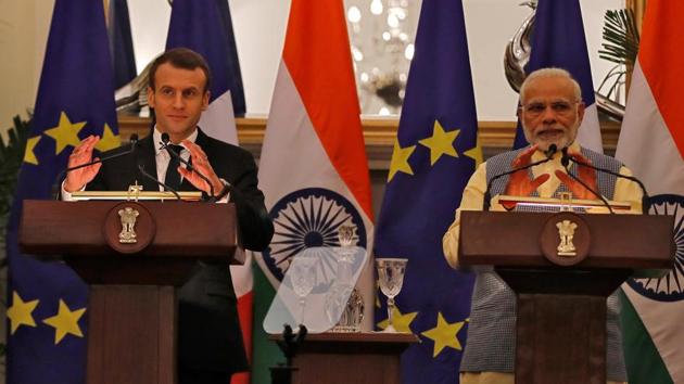 French President Emmanuel Macron and Prime Minister Narendra Modi attend a signing of agreements ceremony at Hyderabad House in New Delhi, India, March 10, 2018.(Reuters)