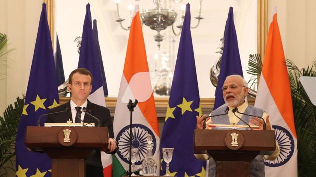 PM Modi and President Macron issue joint statement after the talks. Fourteen agreements have been signed to boost cooperation, including in security, on protection of classified information and nuclear energy. (Ludovic Marin / AFP) 