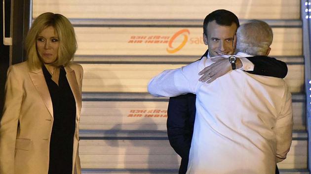 “Welcome to India, President @EmmanuelMacron! Your visit will add great strength to the strategic partnership between India and France. I look forward to our talks tomorrow,” Modi tweeted after receiving Macron at the airport. During the visit, the two countries would look to boost ties, especially in the areas of maritime security and counter-terrorism. (Vipin Kumar / HT Photo) 