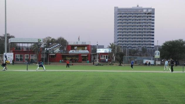 Sports Maidan, a corporate venture in Sector 58, has a cricket ground (above), a football ground, tennis courts, and a facility for cage football. (Parveen Kumar/HT Photo) Sports Maidan, a corporate venture in Sector 58, has a cricket ground (above), a football ground, tennis courts, and a facility for cage football. (Parveen Kumar/HT Photo)