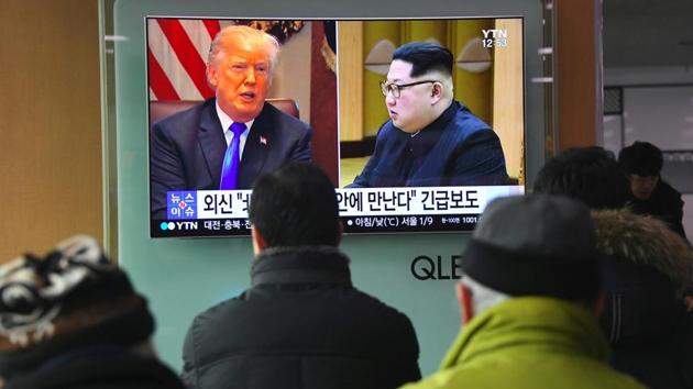People watch a television news report showing pictures of US President Donald Trump (left) and North Korean leader Kim Jong Un at a railway station in Seoul on March 9, 2018. Trump agreed on March 8 to a historic first meeting with Kim Jong Un in a stunning development in America's high-stakes nuclear standoff with North Korea. (AFP Photo) People watch a television news report showing pictures of US President Donald Trump (left) and North Korean leader Kim Jong Un at a railway station in Seoul on March 9, 2018. Trump agreed on March 8 to a historic first meeting with Kim Jong Un in a stunning development in America's high-stakes nuclear standoff with North Korea. (AFP Photo)