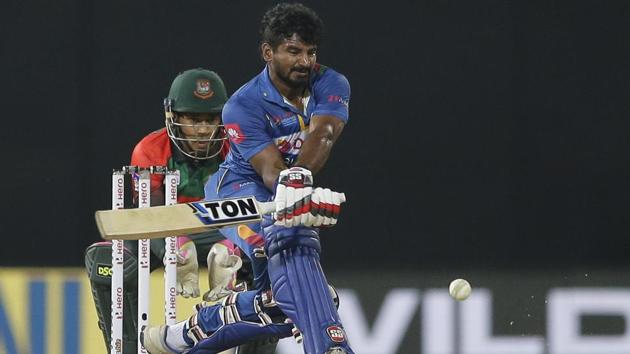 Sri Lanka's Kusal Perera plays a shot against Bangladesh during their Twenty20 cricket match in Nidahas Trophy triangular series in Colombo on Saturday.(AP)