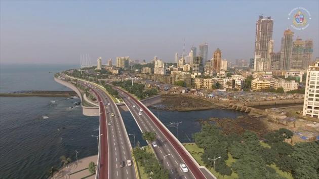 A video grab of the Mumbai Coastal Road Project from Kandivli to Princess Street. While there were no big-ticket infrastructure announcements, Mungatiwar said the tender process for the Rs7,502 crore Versova-Bandra sea link is currently in progress. (Photo courtesy: BMC) A video grab of the Mumbai Coastal Road Project from Kandivli to Princess Street. While there were no big-ticket infrastructure announcements, Mungatiwar said the tender process for the Rs7,502 crore Versova-Bandra sea link is currently in progress. (Photo courtesy: BMC)