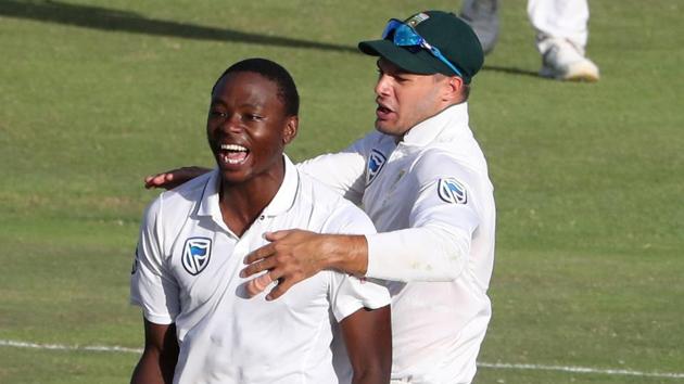 Kagiso Rabada celebrates the wicket of Usman Khawaja during day three of the second cricket Test match between South Africa and Australia at St George’s Park in Port Elizabeth.(REUTERS)