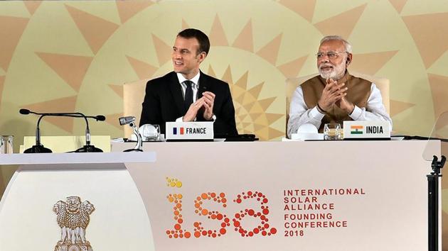 Prime Minister Narendra Modi and French President Emmanuel Macron at the International Solar Alliance Founding Conference in New Delhi on March 11.(PTI Photo)
