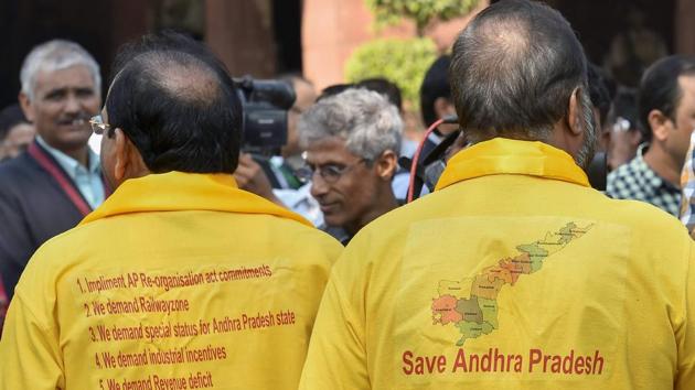 TDP MPs stage a protest at Parliament House demanding special status for Andhra Pradesh during the second phase of the budget session in New Delhi. (PTI) TDP MPs stage a protest at Parliament House demanding special status for Andhra Pradesh during the second phase of the budget session in New Delhi. (PTI)