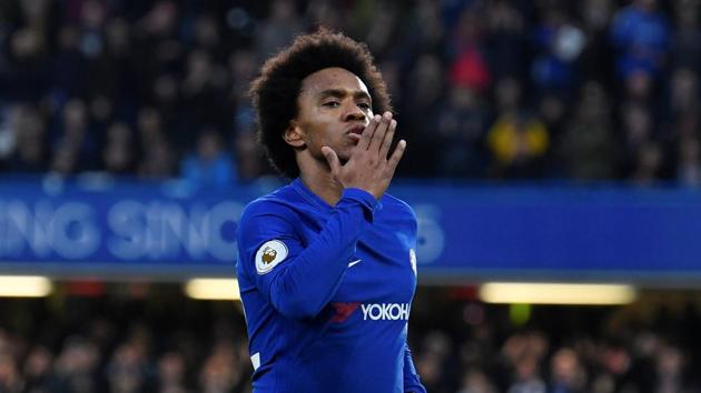 Chelsea's Willian celebrates scoring their first goal against Crystal Palace in a Premier League match. (REUTERS) Chelsea's Willian celebrates scoring their first goal against Crystal Palace in a Premier League match. (REUTERS)