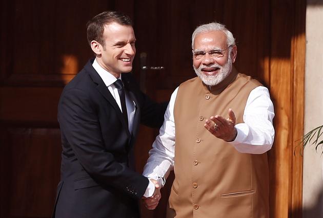 Prime Minister Narendra Modi (R) shakes hands with French President Emmanuel Macron in New Delhi, March 11, 2018. The visit of the President of France, Emmanuel Macron, saw a Joint Strategic Vision of India-France Cooperation in the Indian Ocean Region, and this document refers to India’s central position in the ‘Indo-Pacific’,(REUTERS) Prime Minister Narendra Modi (R) shakes hands with French President Emmanuel Macron in New Delhi, March 11, 2018. The visit of the President of France, Emmanuel Macron, saw a Joint Strategic Vision of India-France Cooperation in the Indian Ocean Region, and this document refers to India’s central position in the ‘Indo-Pacific’,(REUTERS)