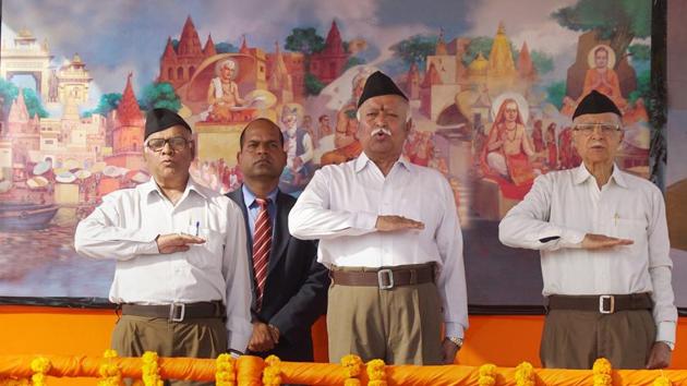 RSS chief Mohan Bhagwat at the Sangh-Samagam in Varanasi on Sunday.(PTI File Photo)