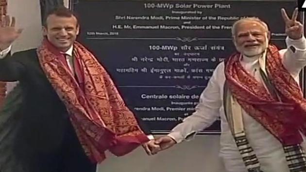 Prime Minister Narendra Modi and French President Emmanuel Macron inaugurate the Solar power plant in Mirzapur. (ANI Photo) Prime Minister Narendra Modi and French President Emmanuel Macron inaugurate the Solar power plant in Mirzapur. (ANI Photo)
