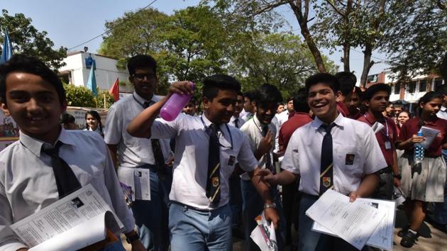 CBSE Class 10 students coming out after writing their English board exam at Kendriya Vidyalaya 2 in Bhopal on Monday. (Mujeeb Faruqui/HT Photo) CBSE Class 10 students coming out after writing their English board exam at Kendriya Vidyalaya 2 in Bhopal on Monday. (Mujeeb Faruqui/HT Photo)