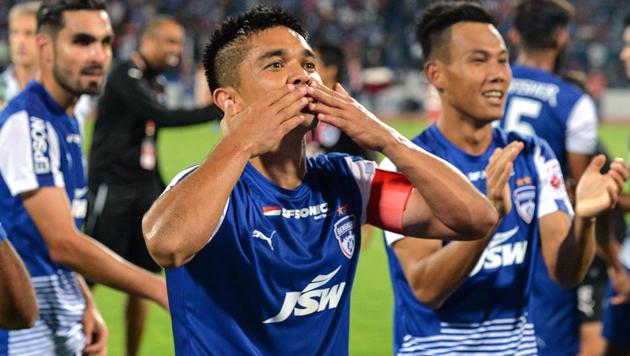 Bengaluru FC captain Sunil Chhetri acknowledges the crowd after the team's win against Pune City in the Indian Super League semi-final on Sunday. (AFP) Bengaluru FC captain Sunil Chhetri acknowledges the crowd after the team's win against Pune City in the Indian Super League semi-final on Sunday. (AFP)