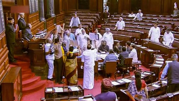 Opposition members protest during the second phase of the budget session in the Rajya Sabha on March 9. (PTI File Photo) Opposition members protest during the second phase of the budget session in the Rajya Sabha on March 9. (PTI File Photo)