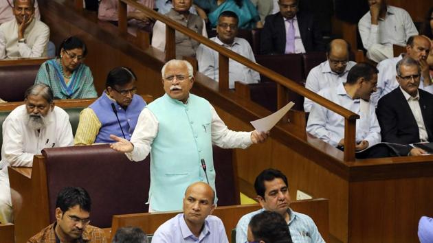 Haryana chief minister Manohar Lal Khattar during the budget session of state assembly in Chandigarh on Tuesday. (PTI) Haryana chief minister Manohar Lal Khattar during the budget session of state assembly in Chandigarh on Tuesday. (PTI)