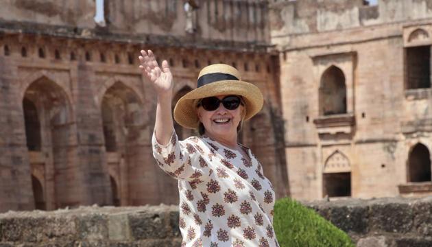 Former US Secretary of State Hillary Clinton, waves to media as she visits the Jahaz Mahal monument in Mandu, Madhya Pradesh. (AP Photo) Former US Secretary of State Hillary Clinton, waves to media as she visits the Jahaz Mahal monument in Mandu, Madhya Pradesh. (AP Photo)