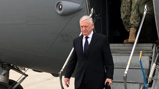 US defence secretary Jim Mattis lands in Kabul on March 13, 2018 on an unannounced trip to Afghanistan.(Reuters)