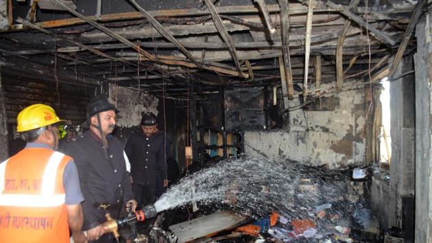 Fire fighters douse the blaze at Samarth Arcade Complex at Uthalsar in Thane. (Praful Gangurde) Fire fighters douse the blaze at Samarth Arcade Complex at Uthalsar in Thane. (Praful Gangurde)