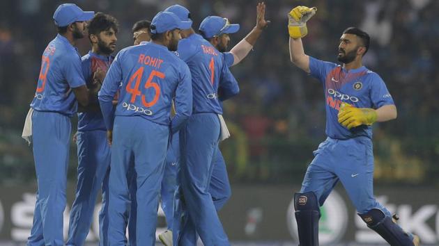 India's Shardul Thakur, second right celebrates the dismissal of Sri Lanka's Danushka Gunathilaka. (AP) India's Shardul Thakur, second right celebrates the dismissal of Sri Lanka's Danushka Gunathilaka. (AP)