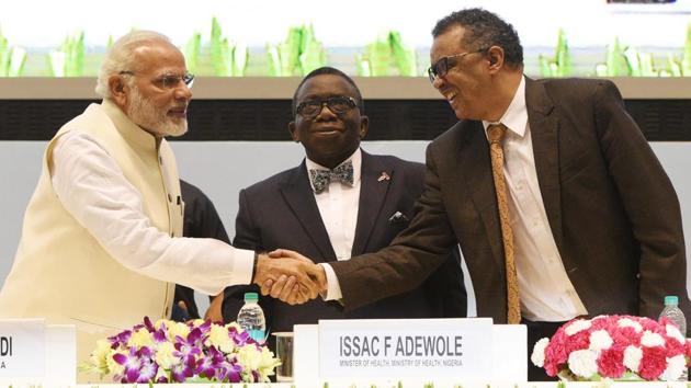 Prime Minister Narendra Modi with Tedros Adhanom Ghebreyesus (R), Director General WHO and Issac F Adewole, Health Minister Nigeria (C) during the END-TB Summit at Vigyan Bhavan in New Delhi. Launching a campaign to eradicate the disease by 2025, PM Modi today said global efforts to eliminate tuberculosis have not been successful and stressed on changing the approach to achieve the goal. (Mohd Zakir / HT Photo) Prime Minister Narendra Modi with Tedros Adhanom Ghebreyesus (R), Director General WHO and Issac F Adewole, Health Minister Nigeria (C) during the END-TB Summit at Vigyan Bhavan in New Delhi. Launching a campaign to eradicate the disease by 2025, PM Modi today said global efforts to eliminate tuberculosis have not been successful and stressed on changing the approach to achieve the goal. (Mohd Zakir / HT Photo)