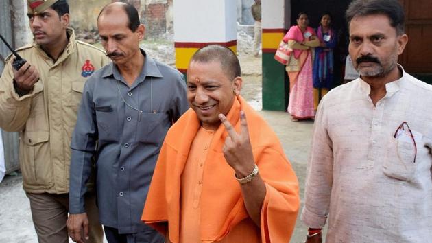 Uttar Pradesh chief minister Yogi Adityanath flashes victory sign after casting his vote for local body elections in Gorakhpur.(PTI File Photo) Uttar Pradesh chief minister Yogi Adityanath flashes victory sign after casting his vote for local body elections in Gorakhpur.(PTI File Photo)