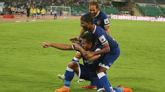 Jeje Lalpekhlua of Chennaiyin FC celebrates after scoring his first goal against FC Goa in the second leg semi-final between the two sides at the Jawaharlal Nehru Stadium, Chennai on March 14, 2018. (ISL) Jeje Lalpekhlua of Chennaiyin FC celebrates after scoring his first goal against FC Goa in the second leg semi-final between the two sides at the Jawaharlal Nehru Stadium, Chennai on March 14, 2018. (ISL)