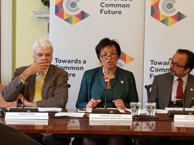Commonwealth secretary general Patricia Scotland (centre) announcing details of the forthcoming Commonwealth Heads of Government Meeting. (HT Photo) Commonwealth secretary general Patricia Scotland (centre) announcing details of the forthcoming Commonwealth Heads of Government Meeting. (HT Photo)