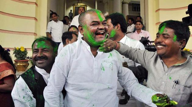 Rashtriya Janta Dal legislators celebrate after the success of their party candidates in Lok Sabha and Assembly by-elections outside Bihar Assembly in Patna on Wednesday.