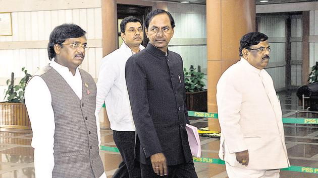 TRS leader K Chandrashekhar Rao along with his party member coming to attend the all party meet. (HT File Photo) TRS leader K Chandrashekhar Rao along with his party member coming to attend the all party meet. (HT File Photo)