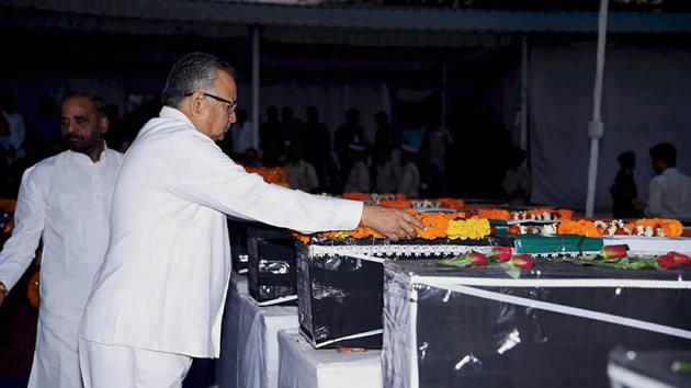 Chhattisgarh Chief Minister Raman Singh along with Union Minister of state for home affairs Hansraj Ahir pay homage to the nine CRPF personnel killed at Bastar in an LMV blast by suspected naxals, in Raipur on Wednesday. (PTI) Chhattisgarh Chief Minister Raman Singh along with Union Minister of state for home affairs Hansraj Ahir pay homage to the nine CRPF personnel killed at Bastar in an LMV blast by suspected naxals, in Raipur on Wednesday. (PTI)