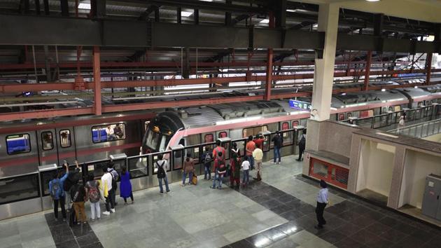 A view of Rajouri Garden station, which is on the Pink Line of Delhi Metro, on Wednesday. (Sanchit Khanna/HT Photo) A view of Rajouri Garden station, which is on the Pink Line of Delhi Metro, on Wednesday. (Sanchit Khanna/HT Photo)