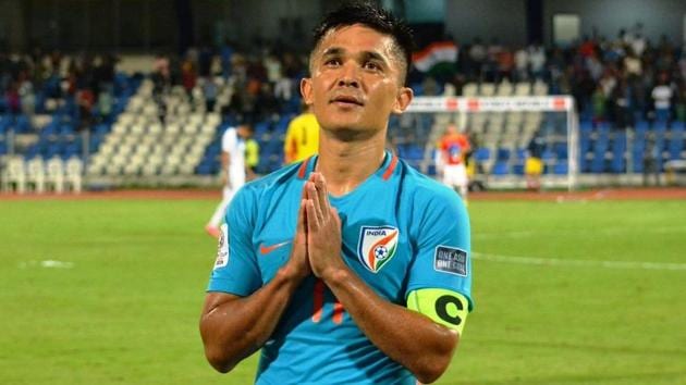 Sunil Chhetri-led Indian football team climbed up to the 99th position in the latest FIFA rankings.(PTI)