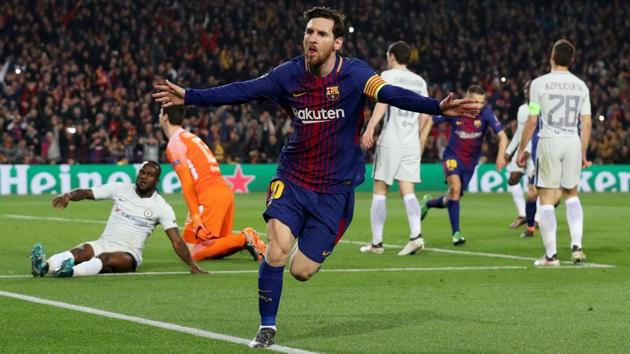 Messi opened the scoring by nutmegging Blues goalkeeper Thibaut Courtois in the third minute at Camp Nou, later driving another finish through the Belgium international’s legs to wrap up a 3-0 win. (REUTERS) Messi opened the scoring by nutmegging Blues goalkeeper Thibaut Courtois in the third minute at Camp Nou, later driving another finish through the Belgium international’s legs to wrap up a 3-0 win. (REUTERS)