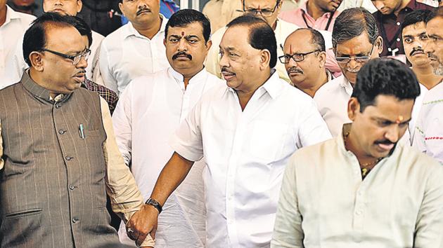 Maharashtra Swabhiman Paksh leader Narayan Rane (centre) at the Vidhan Bhavan on Wednesday. (Kunal Patil/HT Photo) Maharashtra Swabhiman Paksh leader Narayan Rane (centre) at the Vidhan Bhavan on Wednesday. (Kunal Patil/HT Photo)