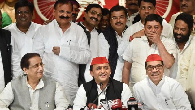 Samajwadi Party president Akhilesh Yadav with senior leaders Kiranmoy Nanda and Azam Khan addresses a press conference after the by-election results, at the party headquarters in Lucknow on Wednesday. (PTI) Samajwadi Party president Akhilesh Yadav with senior leaders Kiranmoy Nanda and Azam Khan addresses a press conference after the by-election results, at the party headquarters in Lucknow on Wednesday. (PTI)