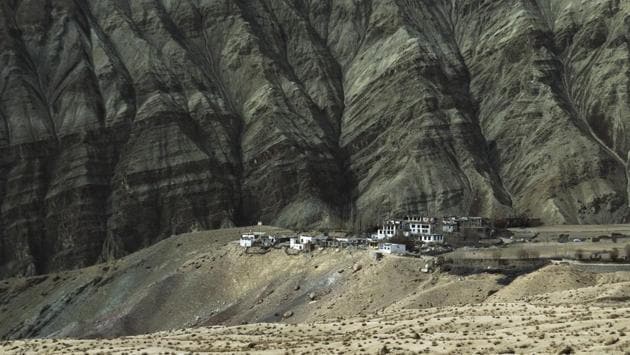 A long view of the Saspochey village in Leh, India. Saspochey village, with a population of 214, is Khalsi sub district’s second least populous village. A little ahead of Ulley valley, this is a popular location for spotters of snow leopards.  (Pratik Chorge / HT Photo) 