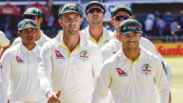 Australia's David Warner, right, leads his team off the field after losing the second cricket Test versus South Africa at St. George's Park in Port Elizabeth on March 12, 2018. Warner’s on-field behaviour has been criticised. (AP) Australia's David Warner, right, leads his team off the field after losing the second cricket Test versus South Africa at St. George's Park in Port Elizabeth on March 12, 2018. Warner’s on-field behaviour has been criticised. (AP)