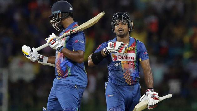 Sri Lanka's Kusal Perera, right, gestures after scoring a half century against Bangladesh. (AP) Sri Lanka's Kusal Perera, right, gestures after scoring a half century against Bangladesh. (AP)