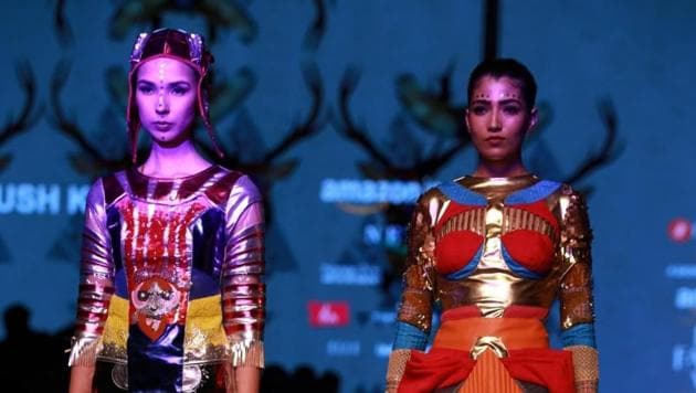 Models showcase creations of Pearl Alumni during Amazon India Fashion Week in New Delhi, on March 15, 2018.(IANS)