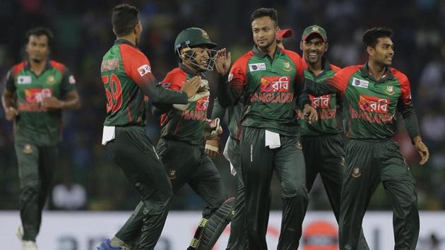 Bangladesh's Shakib Al Hasan, center, celebrates the the dismissal of Sri Lanka's Danushka Gunathilaka. (AP) Bangladesh's Shakib Al Hasan, center, celebrates the the dismissal of Sri Lanka's Danushka Gunathilaka. (AP)