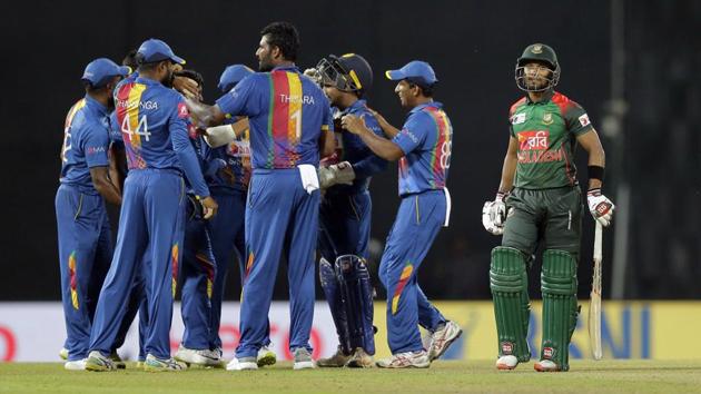 Sri Lanka's team members celebrates the dismissal of Bangladesh's Sabbir Rahman. (AP) Sri Lanka's team members celebrates the dismissal of Bangladesh's Sabbir Rahman. (AP)