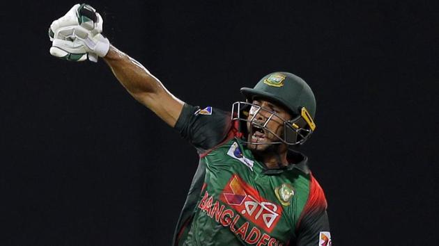 Bangladesh's Mahmudullah reacts after scoring the winning run to defeat Sri Lanka by 2 wickets during their Nidahas Trophy encounter. (AP)