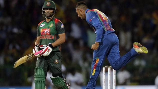 Bangladesh's Tamim Iqbal, left, leaves the field after being dismissed as Sri Lanka's Danushka Gunathilaka celebrates. (AP) Bangladesh's Tamim Iqbal, left, leaves the field after being dismissed as Sri Lanka's Danushka Gunathilaka celebrates. (AP)